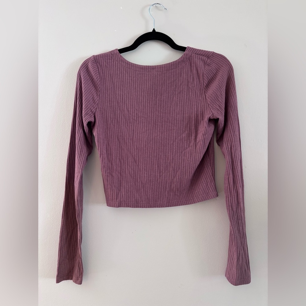 Aritzia Wilfred Free Ribbed Button-Front Long Sleeve Crop Cardigan, Mauve, Small - Picture 2 of 4